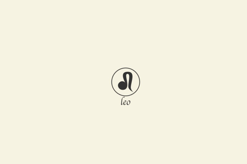 Ilustração do signo de leão na cor preta, com um círculo em volta e o nome abaixo, sobre um fundo cinza-claro
