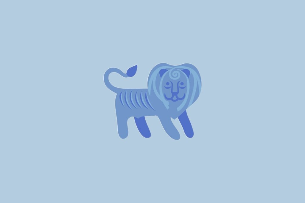 Ilustração do signo Leão, com um leão azul, sobre fundo azul-claro