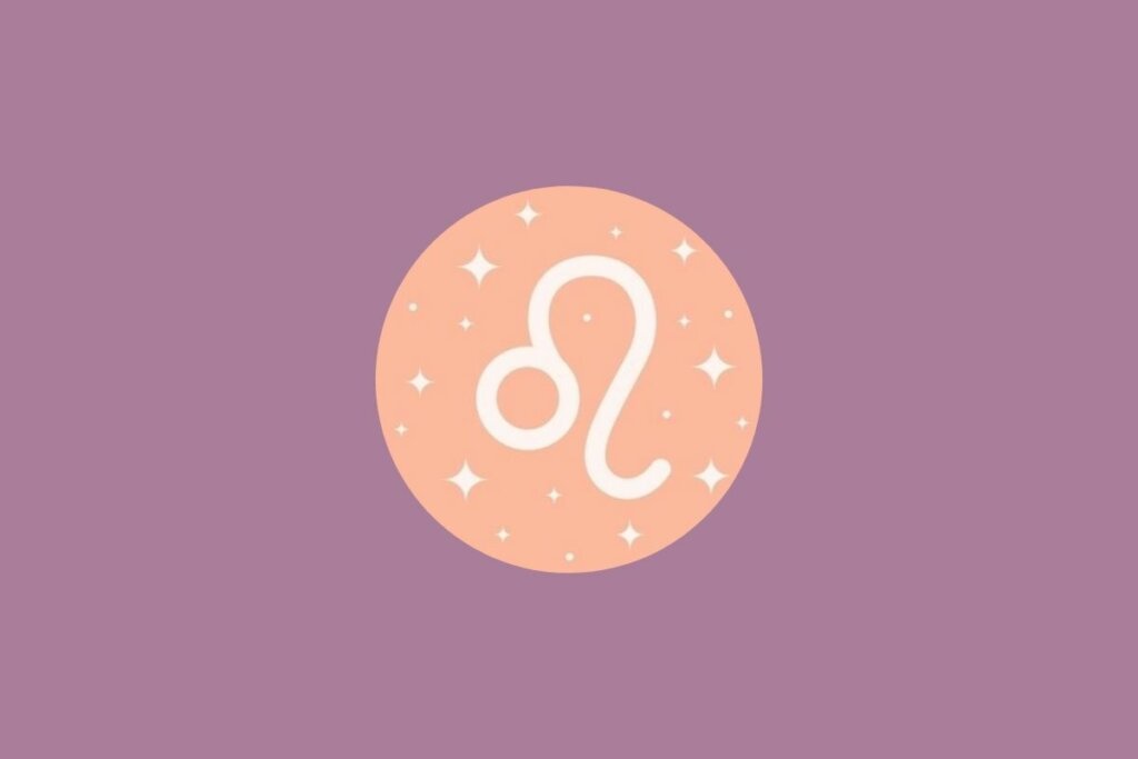 Ilustração do signo de leão em um círculo laranja com estrelas e em um fundo roxo