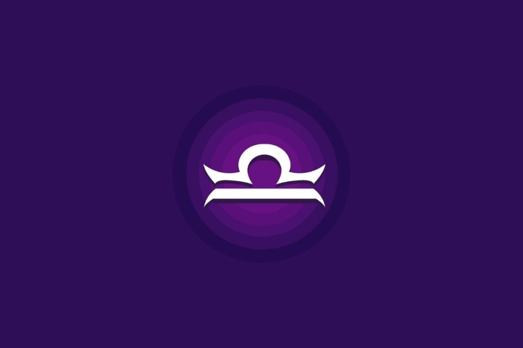 Um símbolo do signo de Libra em branco aparece no centro de um fundo roxo, com um efeito circular em tons mais claros ao redor