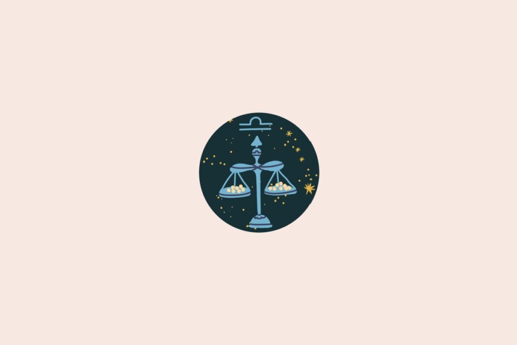 Um desenho de uma balança representando o signo de Libra, dentro de um círculo, com fundo escuro e pequenos elementos que lembram estrelas