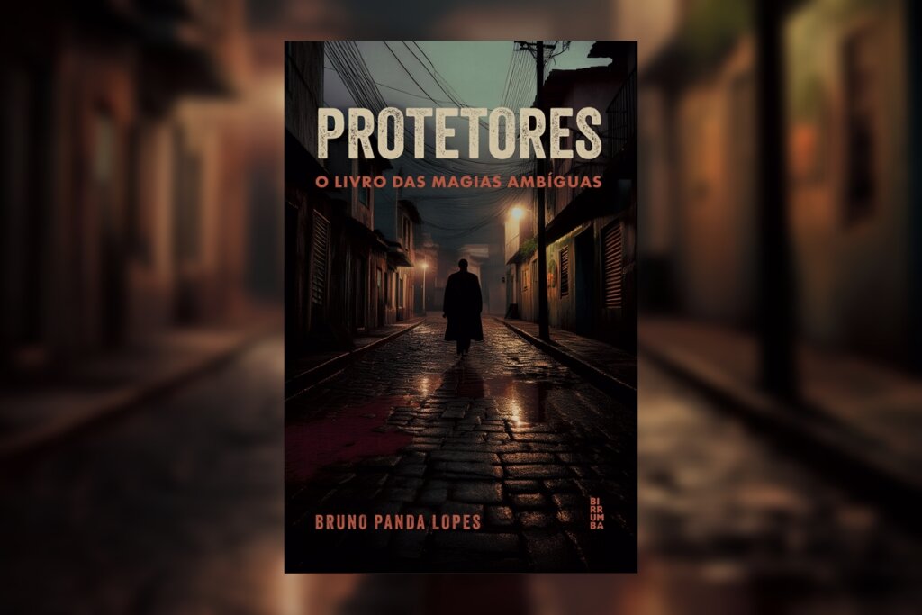 Capa de livro com título e nome do autor em bege e vermelho, com ilustração de um homem andando em ruas escuras ao amanhecer