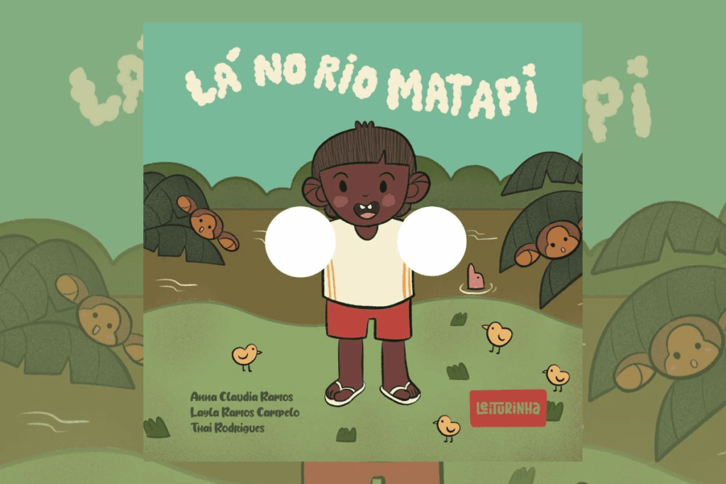 Capa de livro verde com título e nome do autor em branco e preto com a ilustração de um menino na floresta usando camiseta bege, short vermelho e chinelo branco