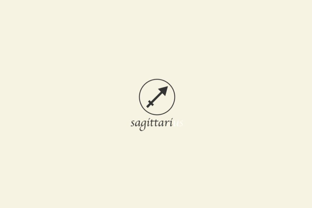 Ilustração do signo de sagitário na cor preta, com um círculo em volta e o nome abaixo, sobre um fundo cinza-claro