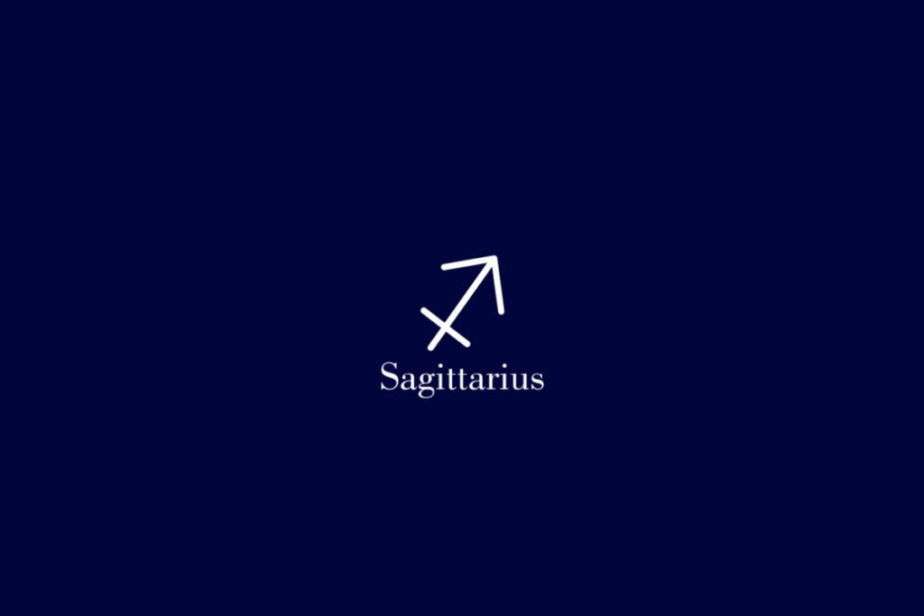 Ilustração do signo de sagitário em branco em um fundo azul-escuro