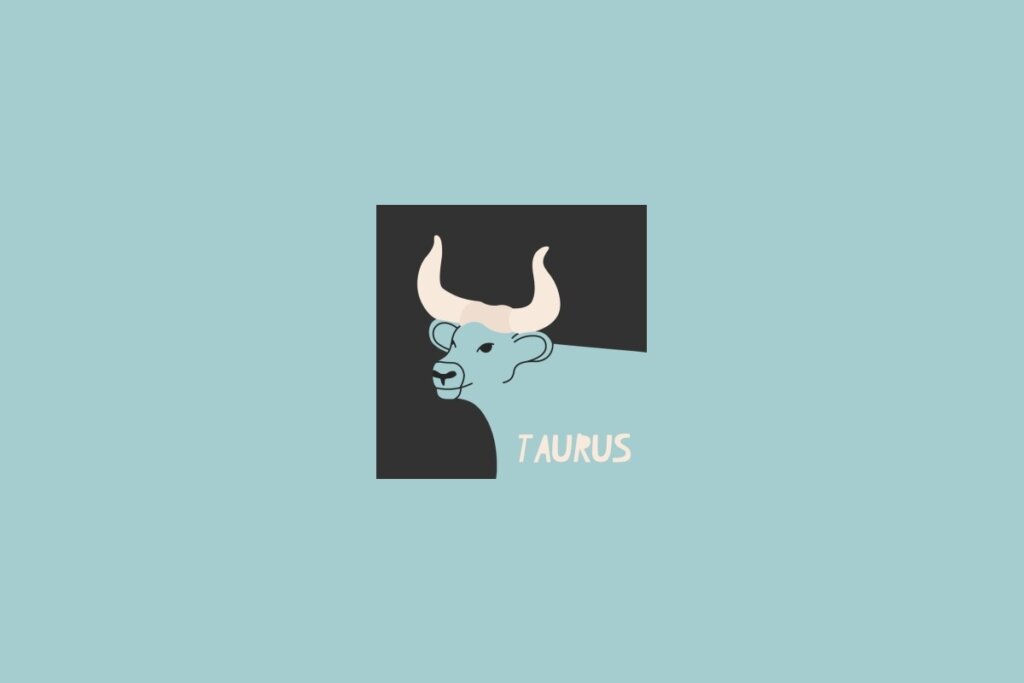 Ilustração do signo de Touro, com a figura de um touo em fundo escuro e o nome “Taurus” escrito abaixo, sobre fundo azul-claro