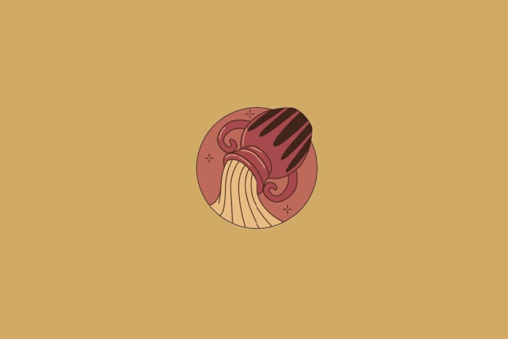Ilustração do signo de Aquário contendo um jarro despejando água em fundo mostarda