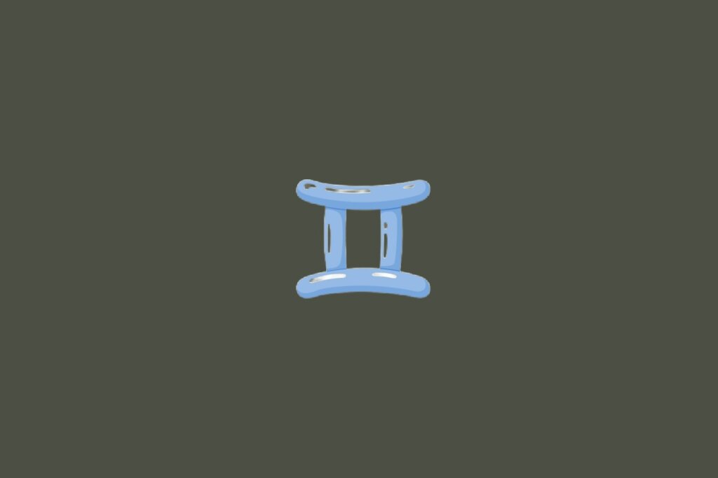 Ilustração do signo de Gêmeos, contendo um símbolo em formato de duas barras verticais paralelas unidas por traços horizontais curvos na cor azul-claro, em fundo esverdeado-escuro