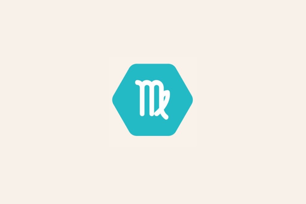 Ilustração do signo Virgem, com símbolo branco em forma de letra "M" estilizada com uma curva na perna final em hexágono azul-esverdeado em fundo bege