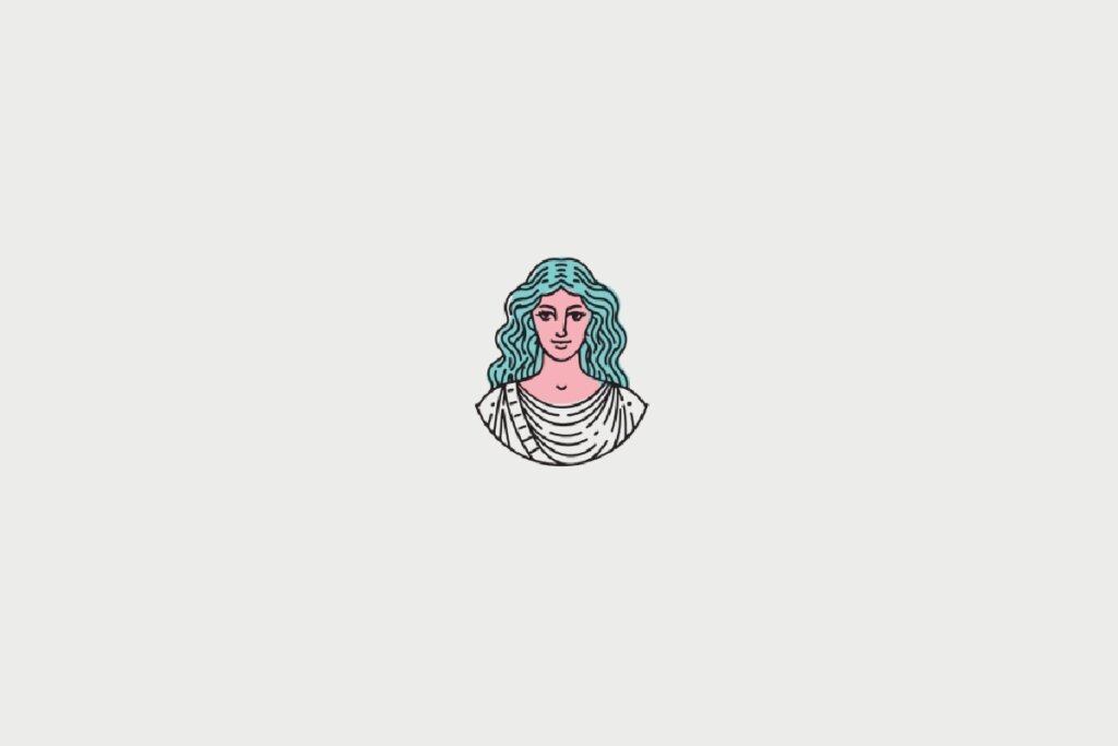 Ilustração do busto de uma mulher com rosto rosa, longos cabelos ondulados em tom azul-piscina e uma túnica branca, representando o signo de Virgem. O desenho está centralizado sobre um fundo cinza-claro.