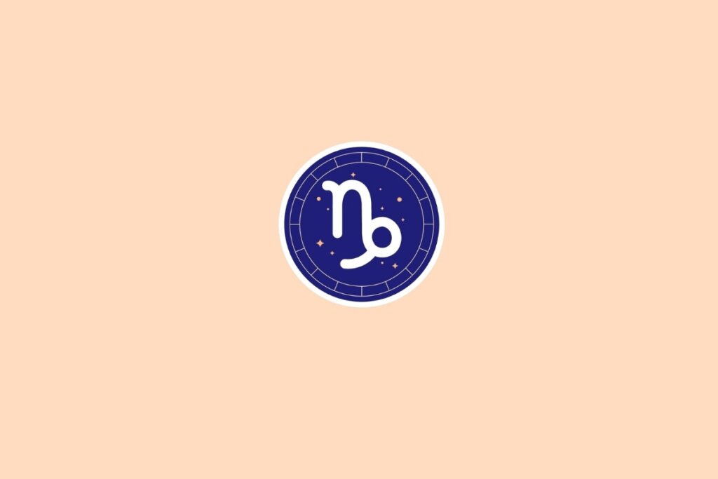 Ilustração do signo de capricórnio em branco em um círculo azul em cima de um fundo bege