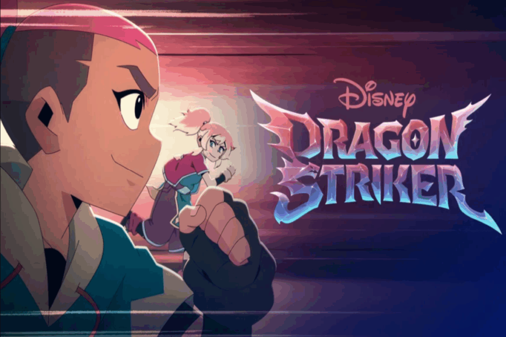 Homem e menina animados correndo em cena de ação ao lado do logotipo da série Dragon Striker