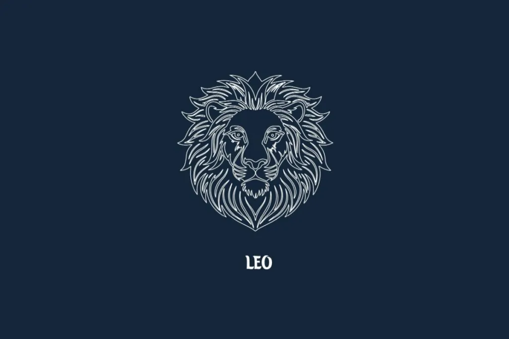 Ilustração em linhas brancas sobre fundo azul-escuro representando o signo de Leão. O desenho mostra o rosto frontal de um leão com uma juba volumosa e olhar expressivo. Logo abaixo, está escrita a palavra "LEO" em fonte estilizada branca.