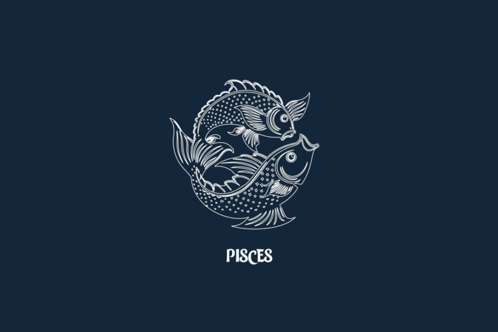 Ilustração em linhas brancas sobre fundo azul-escuro representando o signo de Peixes. O desenho mostra dois peixes detalhados posicionados em formato circular, com um apontando para cima e o outro para baixo. Logo abaixo, está escrita a palavra "PISCES" em fonte estilizada branca.