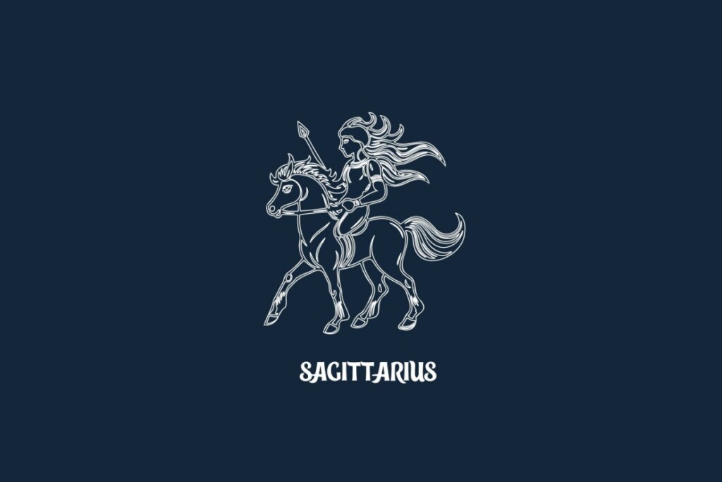 Ilustração em linhas brancas sobre fundo azul-escuro representando o signo de Sagitário. O desenho mostra um guerreiro de cabelos longos montado em um cavalo em movimento e segurando uma lança. Logo abaixo, está escrita a palavra "SAGITTARIUS" em fonte estilizada branca.