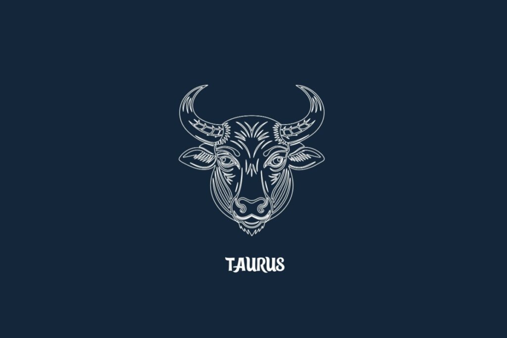 Ilustração em linhas brancas sobre fundo azul-escuro representando o signo de Touro. O desenho mostra em close frontal a cabeça de um touro com chifres pontuados e curvados para cima. Logo abaixo, está escrita a palavra "TAURUS" em fonte estilizada branca.