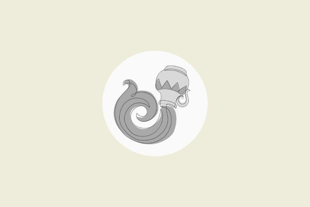 Ilustração do signo de aquário em preto e branco, dentro de um círculo, sobre um fundo bege-claro