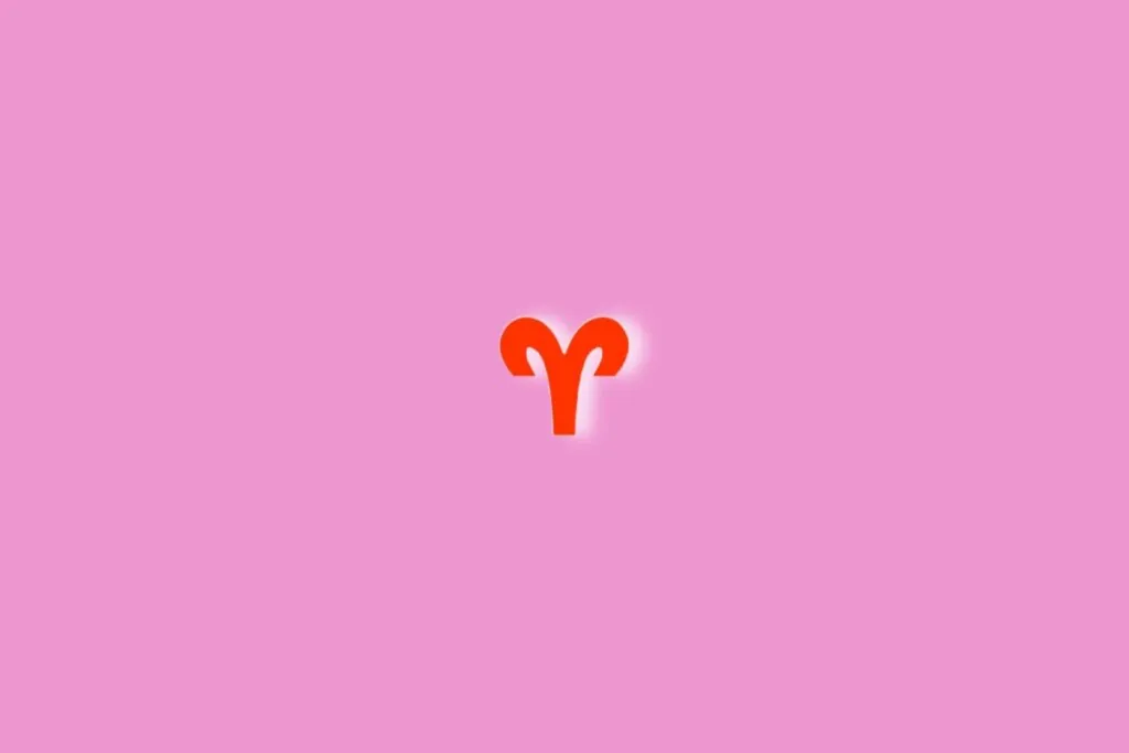 Fundo rosa com o símbolo do signo de Áries em vermelho no centro da imagem. Luz branca ao redor dele 