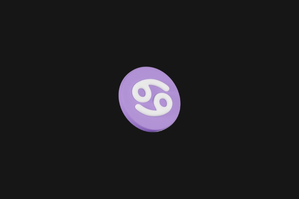 Ilustração do signo de câncer em um círculo roxo e em cima de um fundo preto