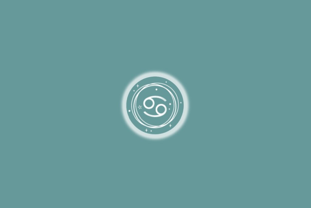 Ilustração do signo de câncer, em um círculo branco com estrelas, sobre um fundo verde