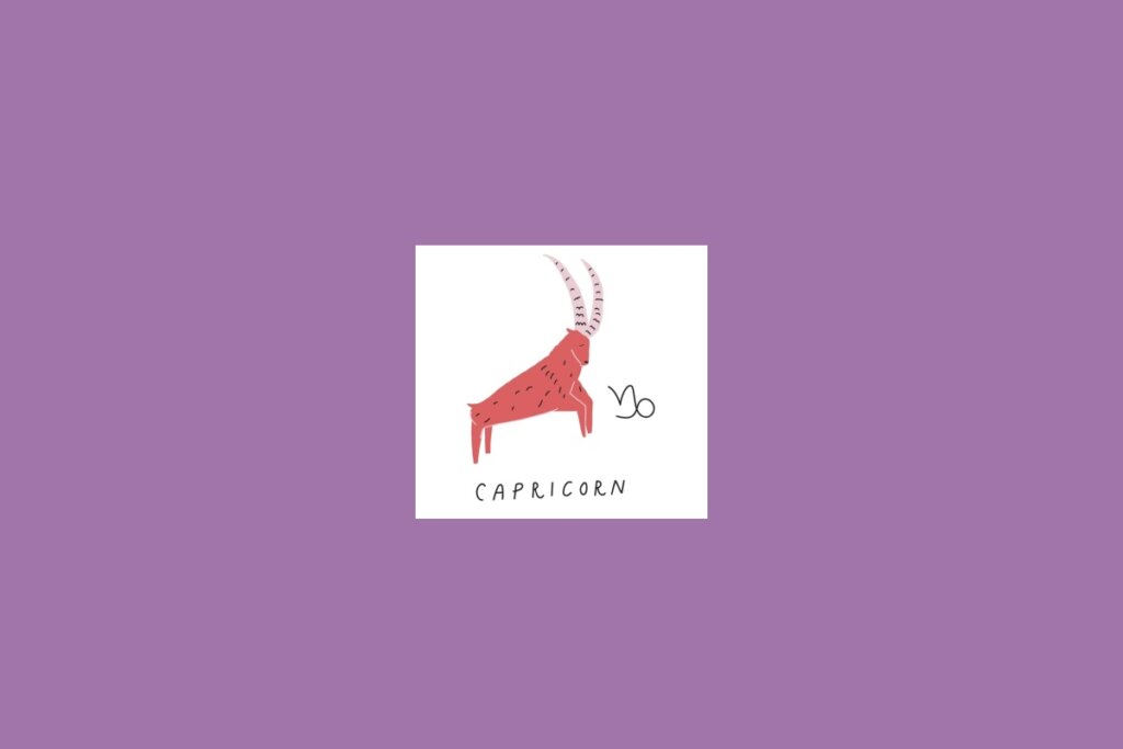 Ilustração de uma cabra dentro de um quadrado branco sobre um fundo roxo