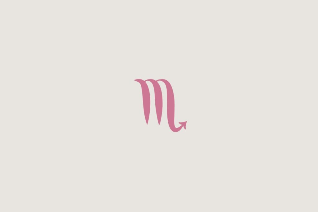 Ilustração do signo de escorpião na cor rosa-escuro centralizado em um fundo cinza-claro