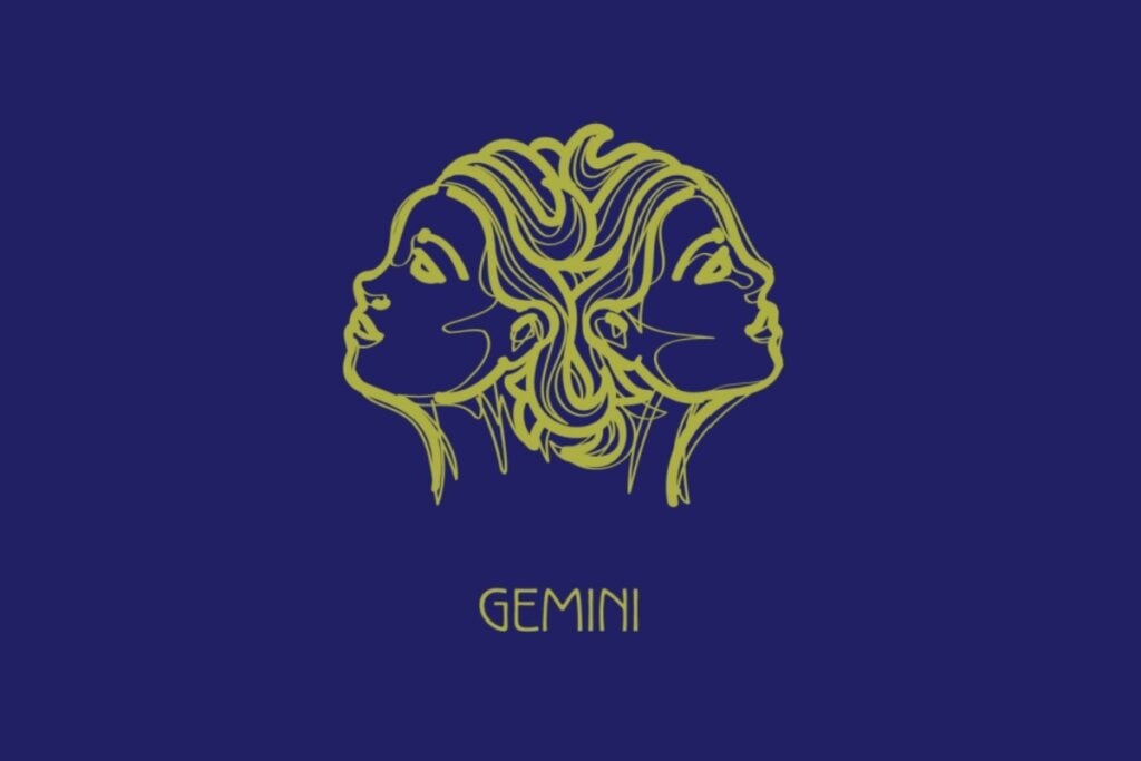 ilustração amarela da cabeça de duas pessoas e nome "gemini" embaixo sobre fundo azul