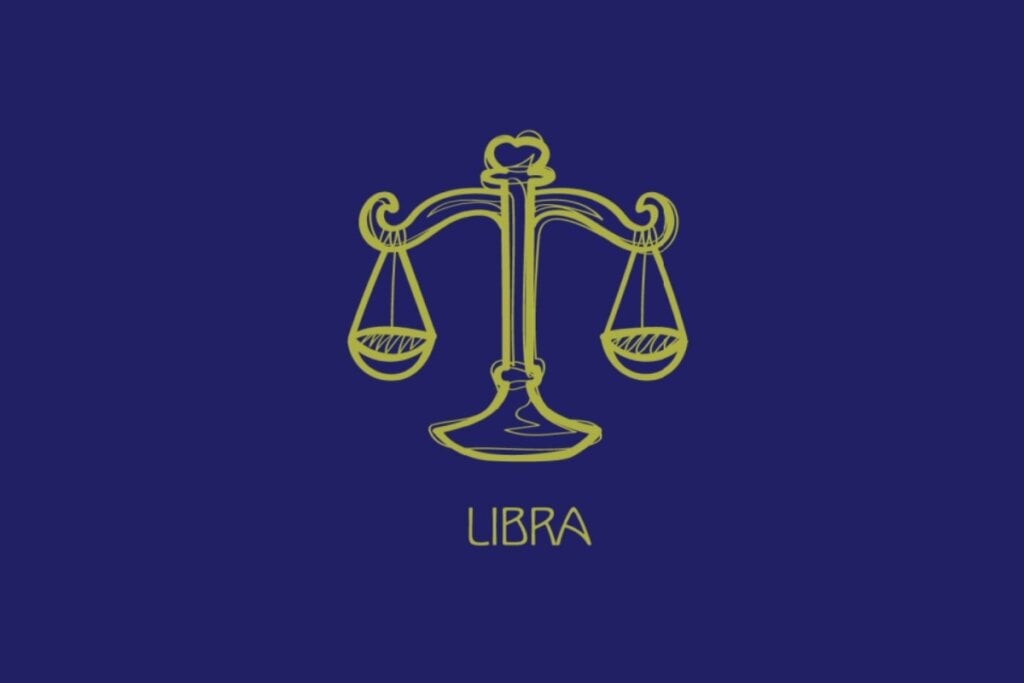 ilustração amarela da cabeça de uma balança e nome "libra" embaixo sobre fundo azul