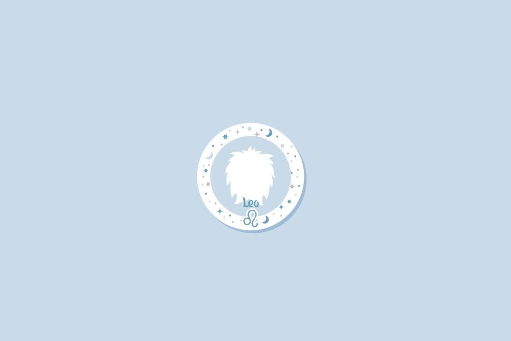 Símbolo do signo de leão sobre fundo azul-claro, com detalhes de estrelas e luas distribuídos ao redor em um círculo branco
