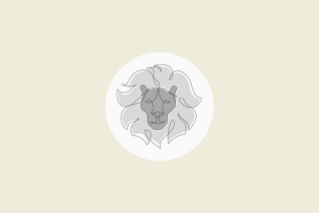 Ilustração do signo de leão em preto e branco, dentro de um círculo, sobre um fundo bege-claro
