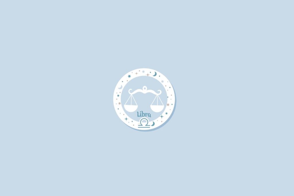 Símbolo do signo de libra sobre fundo azul-claro, com detalhes de estrelas e luas distribuídos ao redor em um círculo branco