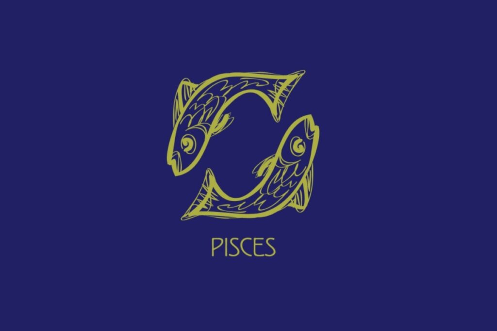 ilustração amarela da cabeça de dois peixes e nome "pisces" embaixo sobre fundo azul