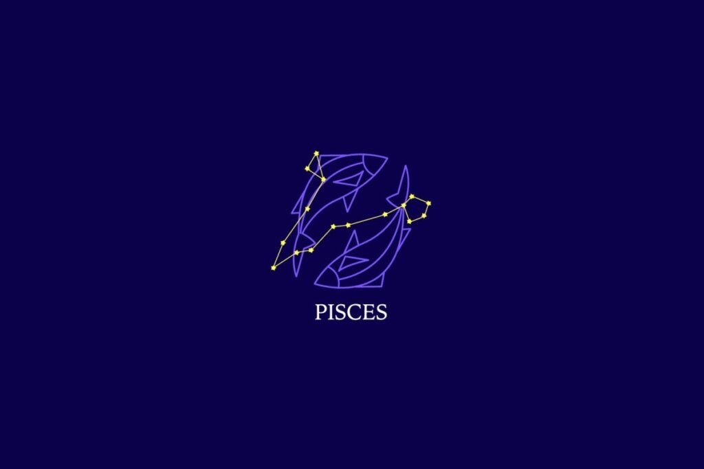 Ilustração do signo de peixes em um fundo azul-escuro 