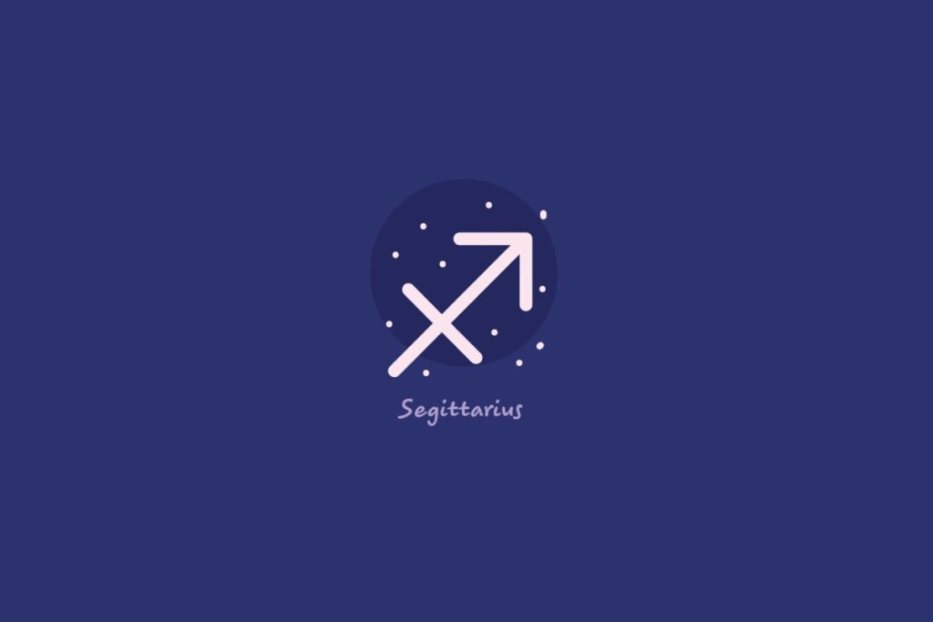 Ilustração do signo de sagitário em um círculo azul-escuro, rodeado por estrelas, com o nome do signo abaixo, sobre fundo azul