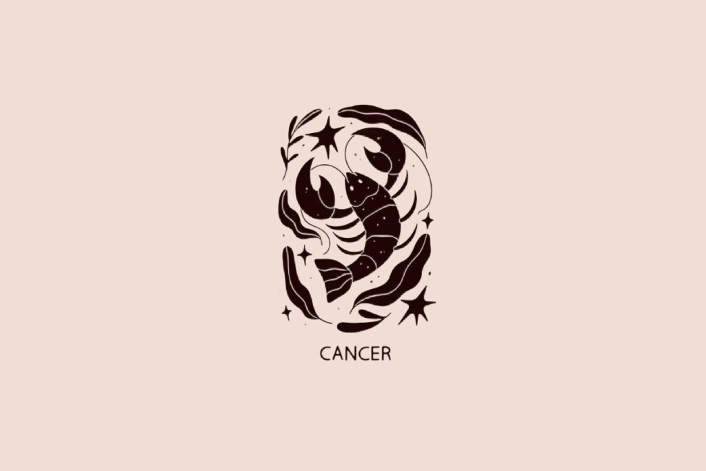 Ilustração do signo de Câncer contendo um caranguejo estilizado em fundo bege
