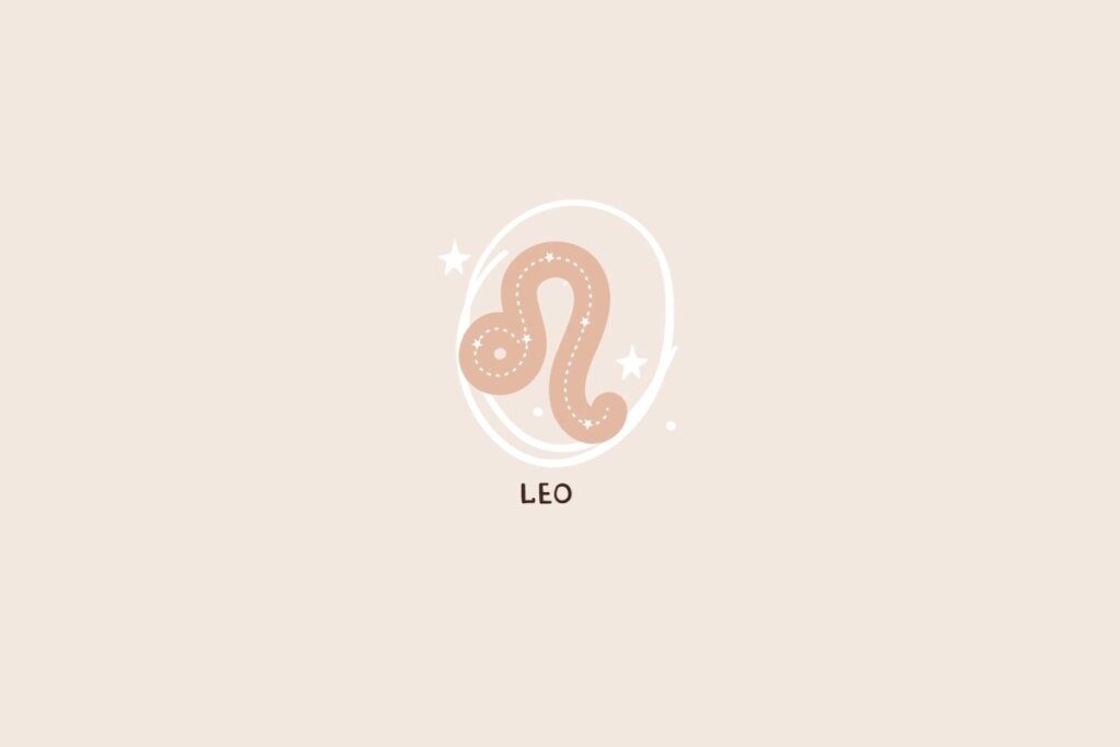 Ícone do signo de Leão em tom bege, com um traço curvado representando a juba do leão, pontilhado e com detalhes de estrelas sobre um fundo claro