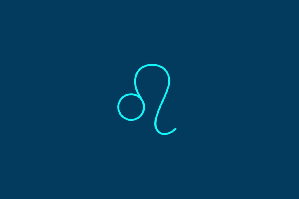 Ilustração do signo de Leão, contendo um círculo pequeno conectado a uma linha ondulada que forma uma cauda curvada, em fundo azul-escuro