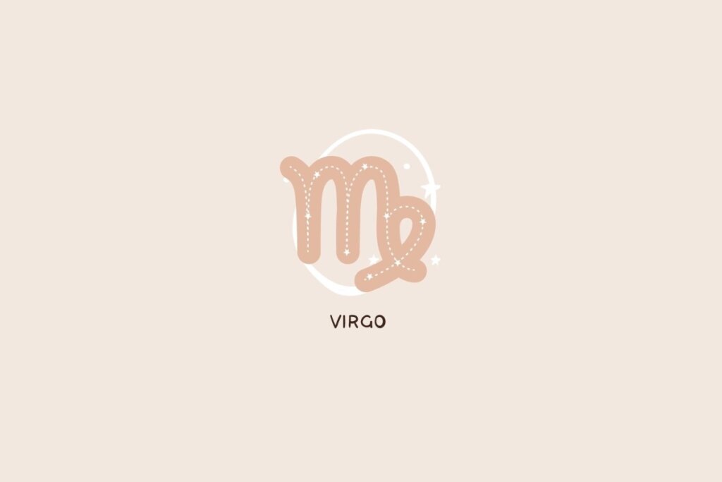 Ícone do signo de Virgem em tom bege, representando um “M” estilizado com uma curva no final, traços pontilhados e detalhes de estrelas sobre um fundo claro