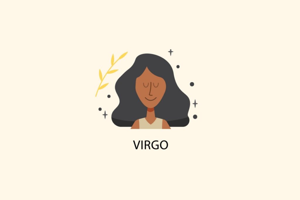 Ilustração do signo de Virgem, em fundo bege-claro, contendo uma mulher de pele morena e cabelo preto com uma folha amarela ao lado da cabeça e com regata bege