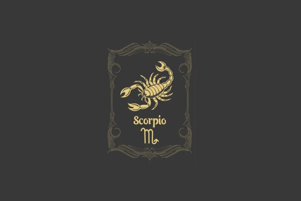 Ilustração do signo de Escorpião com a figura de um escorpião dourado, detalhado dentro de uma moldura clássica em fundo escuro