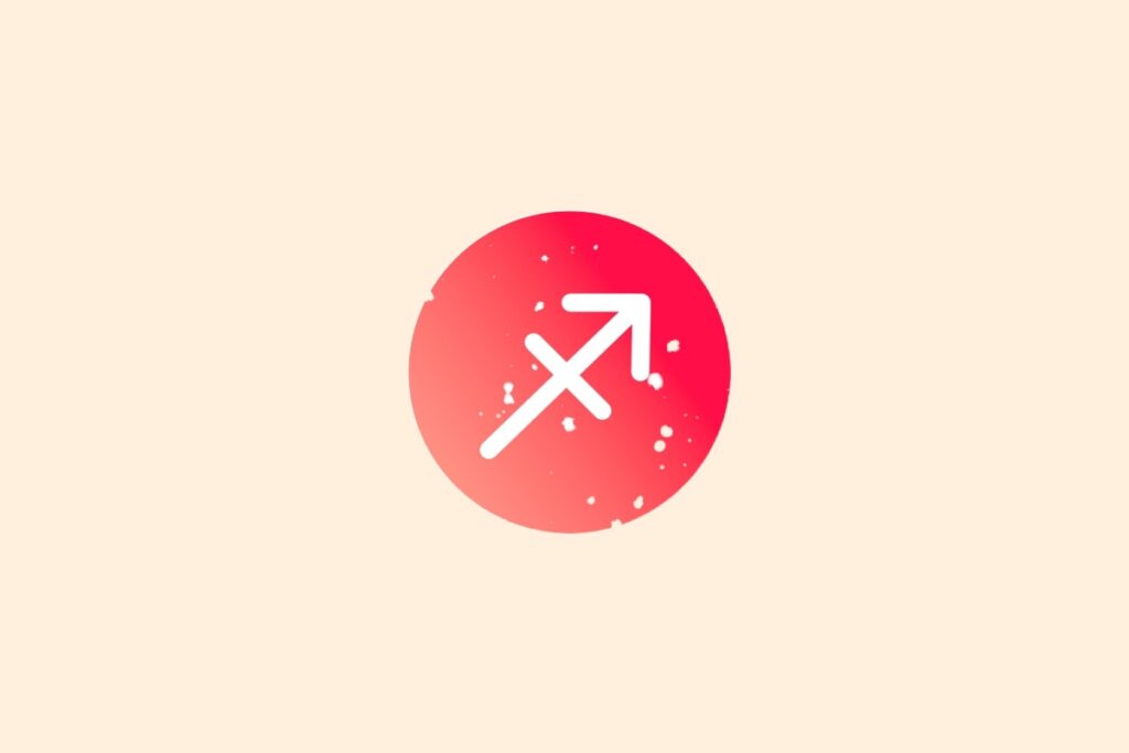 Ilustração do signo de Sagitário contendo símbolo em forma de flecha diagonal apontada para cima em círculo com gradiente vermelho e rosa em fundo bege-amarelado