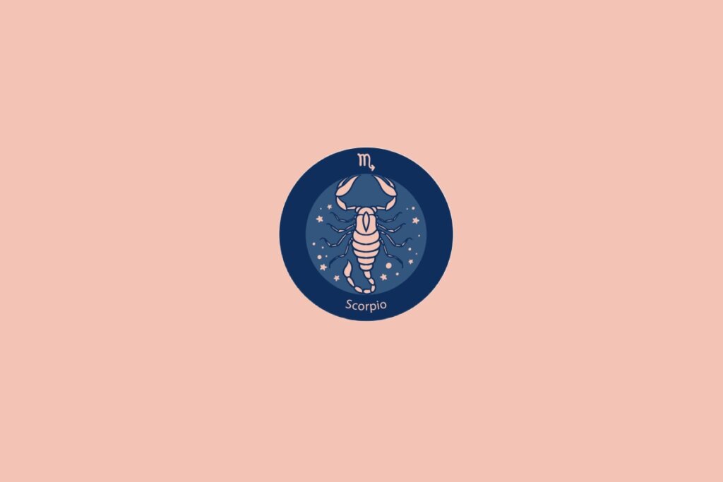 Ilustração do signo de Escorpião com um escorpião em meio a estrelas. Fundo rosa 