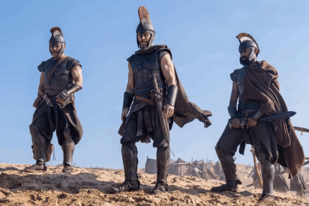 Três guerreiros com armaduras gregas antigas, incluindo capacetes de estilo coríntio com plumas e túnicas marrons ou pretas, estão em pé em uma duna de areia. O guerreiro central segura uma espada na bainha, e o guerreiro da direita segura sua espada de ponta para baixo. Acampamentos de tendas são visíveis ao longe.