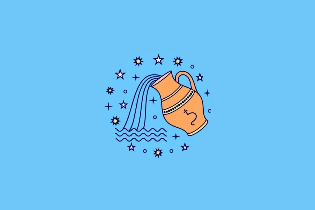 ilustração do signo de Aquário em fundo azul, seguindo a identidade visual das demais imagens. A arte representa o signo de forma simbólica e suave, com composição minimalista e traços leves.