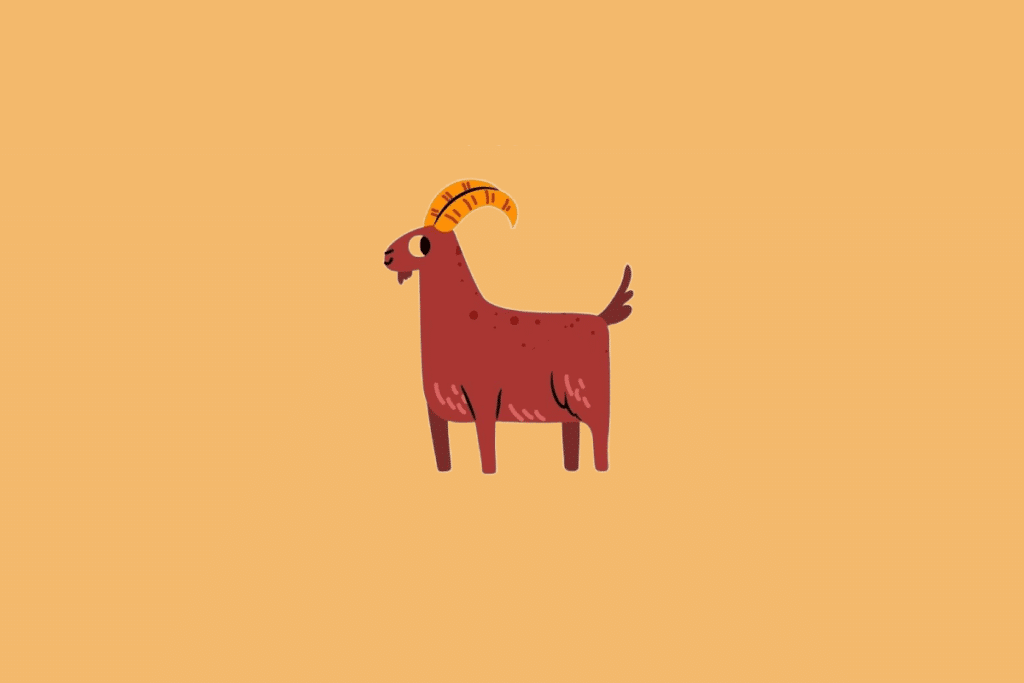 Ilustração minimalista de uma cabra de cor avermelhada com chifres amarelos e manchas escuras, sobre um fundo sólido bege-alaranjado.