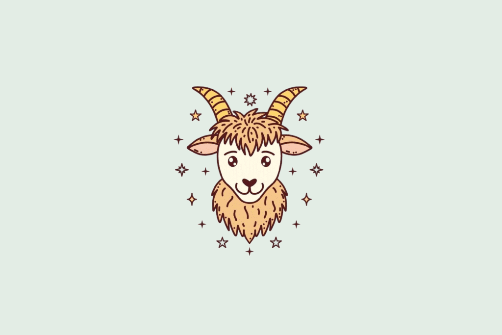 Uma ilustração simplificada do signo de Capricórnio, mostrando a cabeça de uma cabra fofa com chifres, cercada por pequenas estrelas.