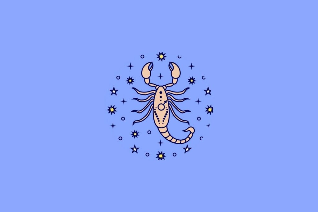 imagem do signo de Escorpião em fundo lilás, com ilustração simbólica e traços suaves. O escorpião aparece de forma estilizada, em uma composição limpa e moderna, mantendo o padrão visual delicado usado nas demais artes.