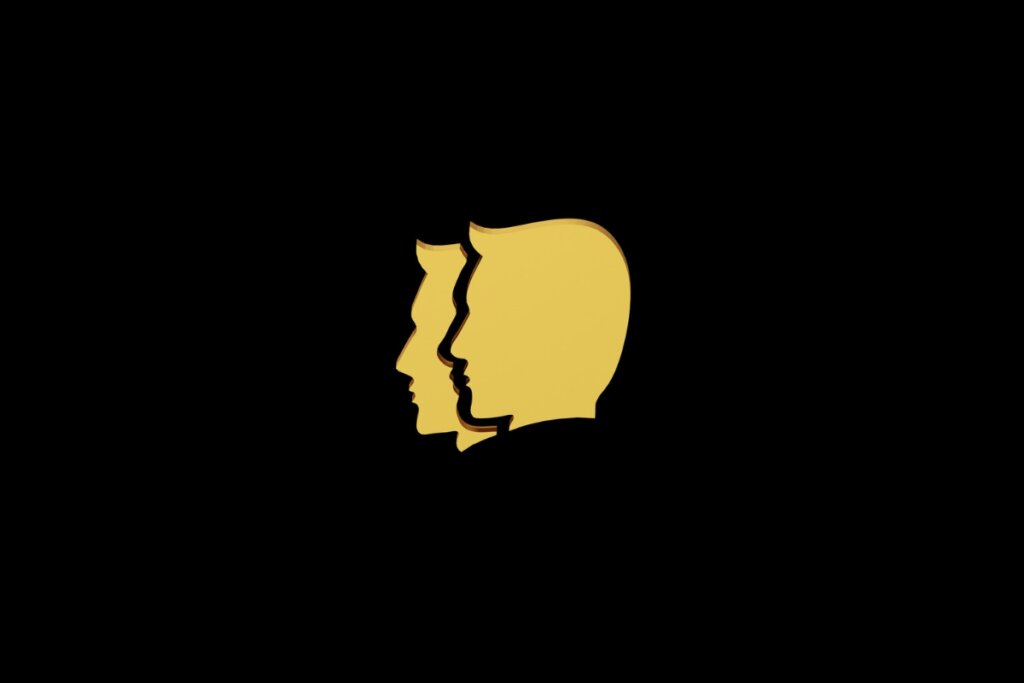 Ilustração do signo de Gêmeos em amarelo em um fundo preto