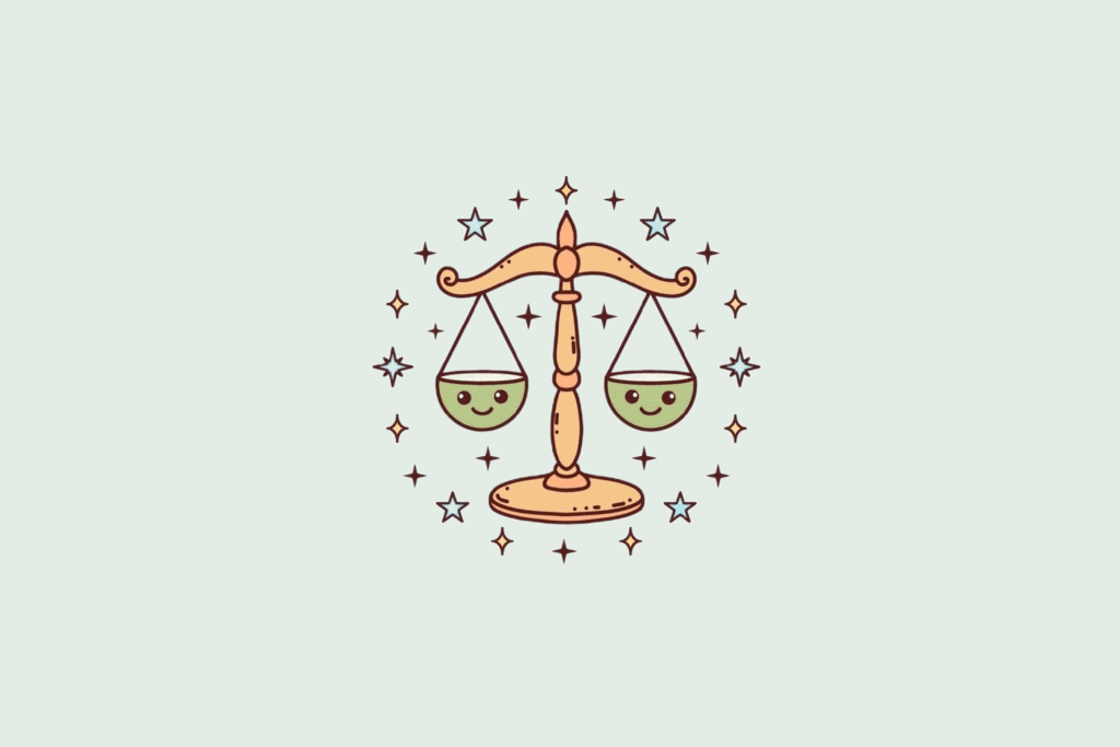 Uma ilustração simplificada do signo de Libra, mostrando uma balança dourada com dois pratos verdes sorridentes, cercada por pequenas estrelas.