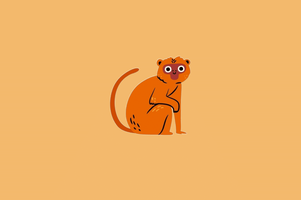 Ilustração minimalista de um macaco de cor alaranjada com a face avermelhada e manchas escuras, sobre um fundo sólido bege-alaranjado.